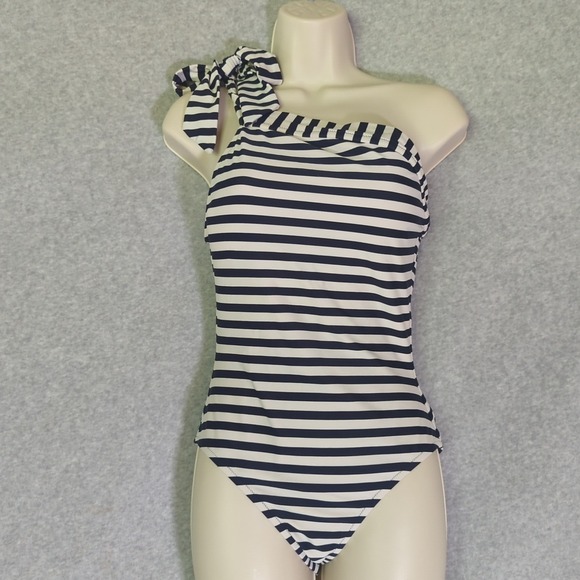 J Crew Womens Swimsuit 4 Bow-Tie‎ One-Shoulder One-Piece Navy Stripped Nautical - Picture 1 of 6